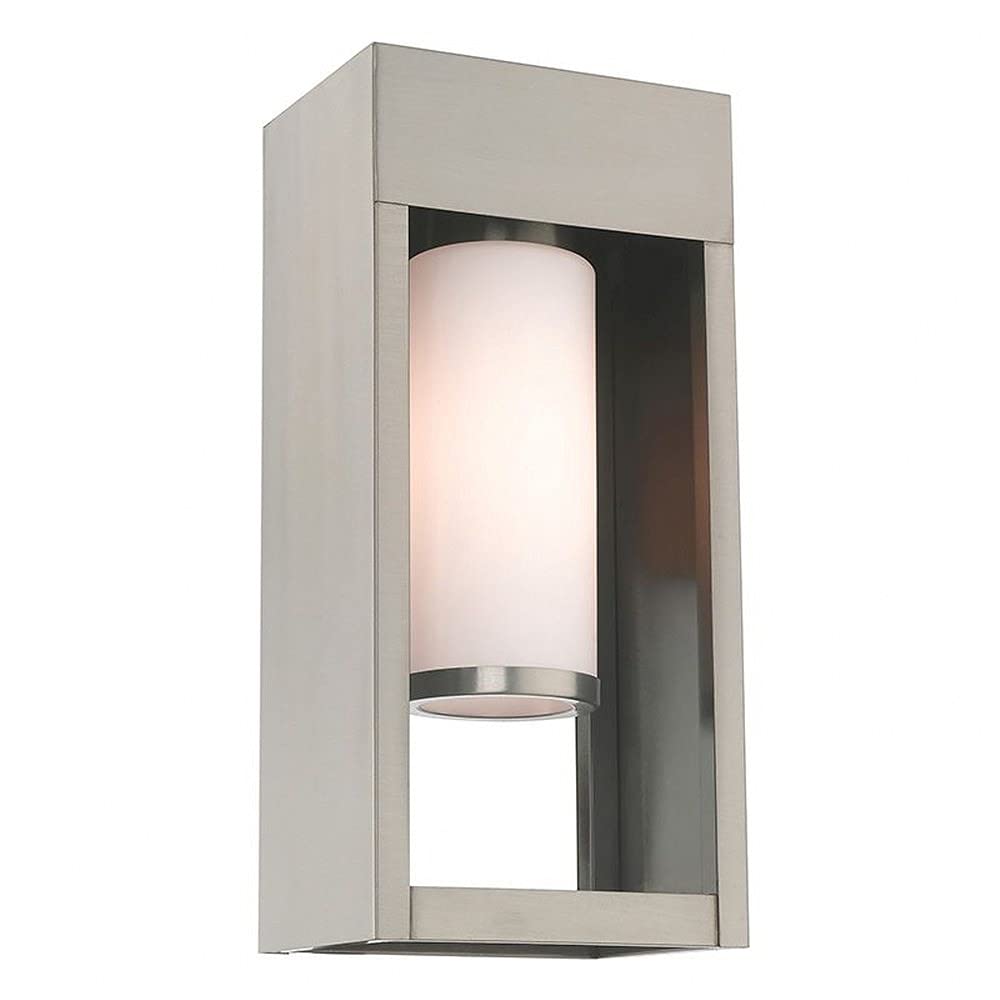 Livex Lighting 20982-91 Bleecker - One Light Outdoor Wall Lantern with Satin Opal White Glass, Choose Finish: Brushed Nickel Finish with Off