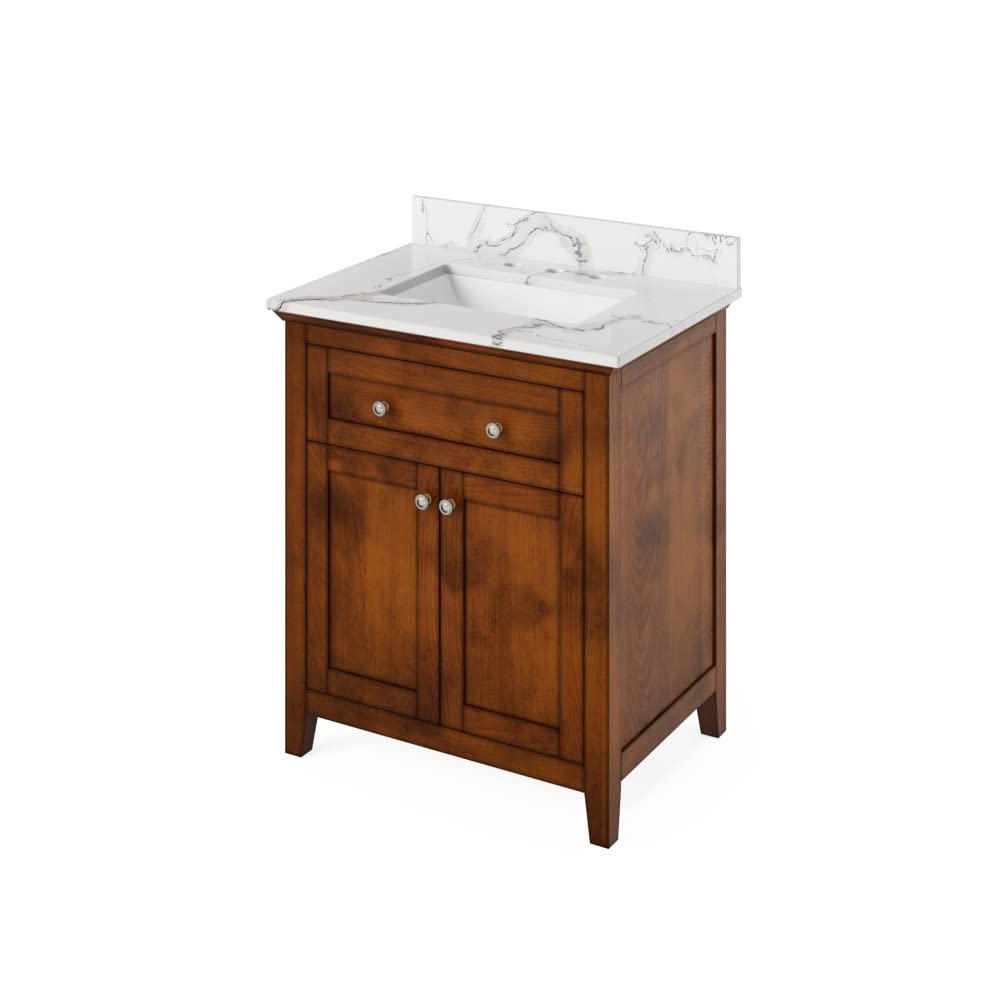 Jeffrey Alexander VKITCHA30CHCQR 30" Chocolate Chatham Vanity, Calacatta Vienna Quartz Vanity Top, undermount rectangle bowl