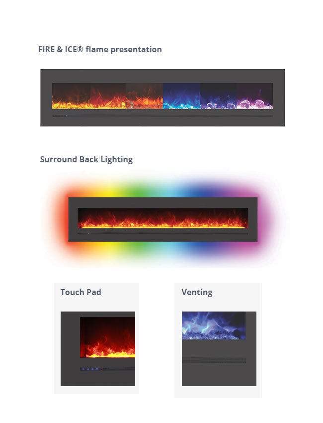 Amantii WM-FML-88-9623-STL Wall Mount / Flush Mount - 88" Electric Fireplace with a Steel Surround and Glass Media