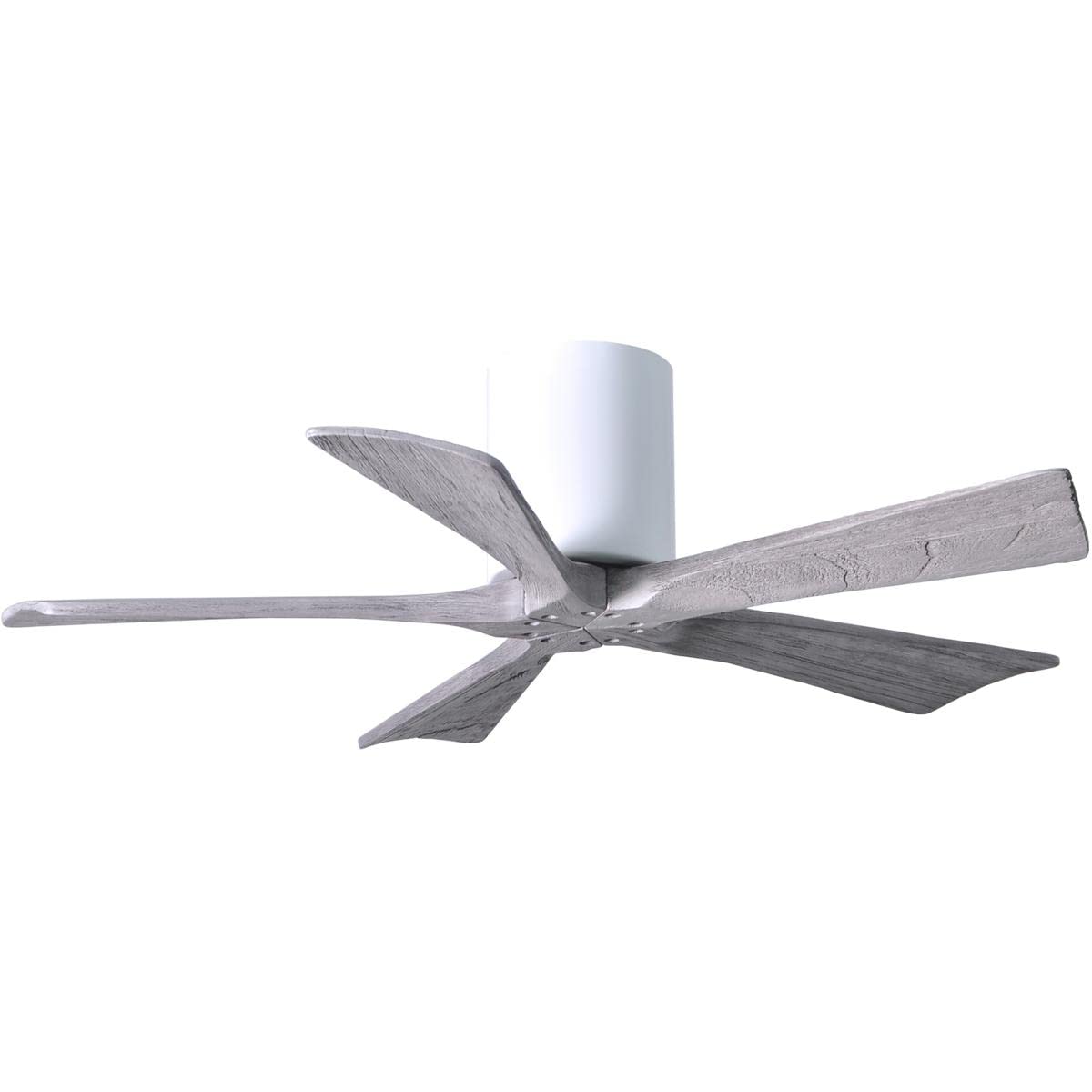 Matthews Fan IR5H-WH-BW-42 Irene-5H five-blade flush mount paddle fan in Gloss White finish with 42” solid barn wood tone blades. 