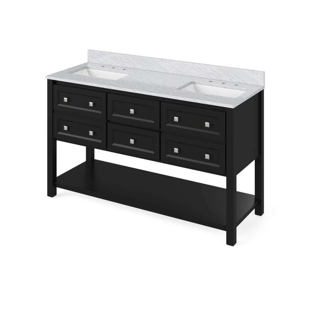 Jeffrey Alexander VKITADL60BKWCR 60" Black Adler Vanity, double bowl, White Carrara Marble Vanity Top, two undermount rectangle bowls