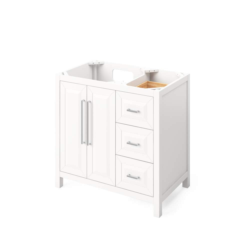 Jeffrey Alexander VKITCAD36WHCQR 36" White Cade Vanity, left offset, Calacatta Vienna Quartz Vanity Top, undermount rectangle bowl