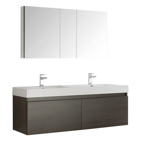 Fresca FVN8042BW Fresca Mezzo 60" Black Wall Hung Double Sink Modern Bathroom Vanity w/ Medicine Cabinet