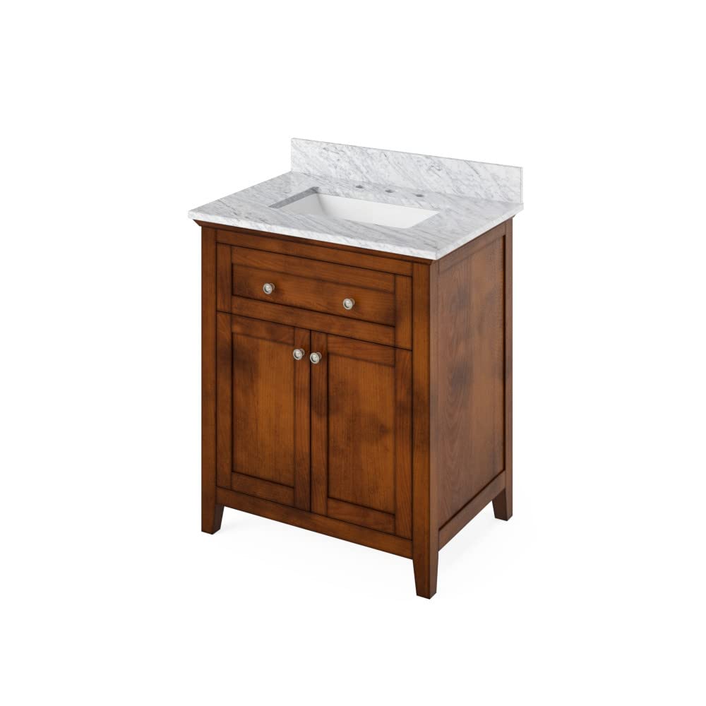Jeffrey Alexander VKITCHA30CHWCR 30" Chocolate Chatham Vanity, White Carrara Marble Vanity Top, undermount rectangle bowl
