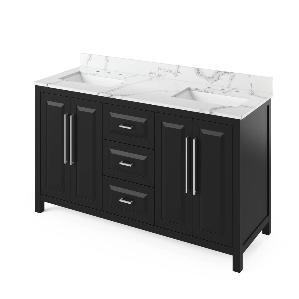 Jeffrey Alexander VKITCAD60BKCQR 60" Black Cade Vanity, double bowl, Calacatta Vienna Quartz Vanity Top, two undermount rectangle bowls