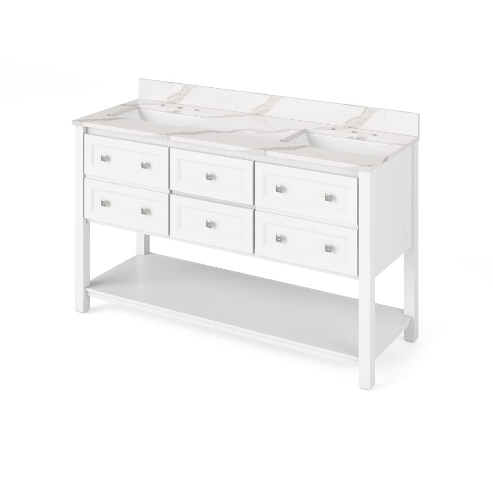 Jeffrey Alexander VKITADL60WHCQR 60" White Adler Vanity, double bowl, Calacatta Vienna Quartz Vanity Top, two undermount rectangle bowls