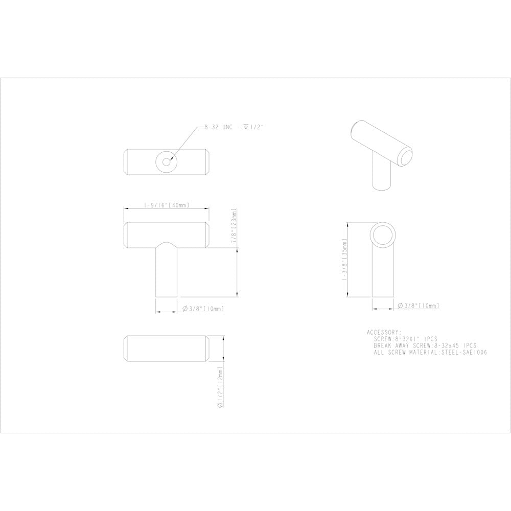 Elements 40DBB 1-9/16" Dark Brushed Bronze Overall Length Naples Cabinet "T" Knob