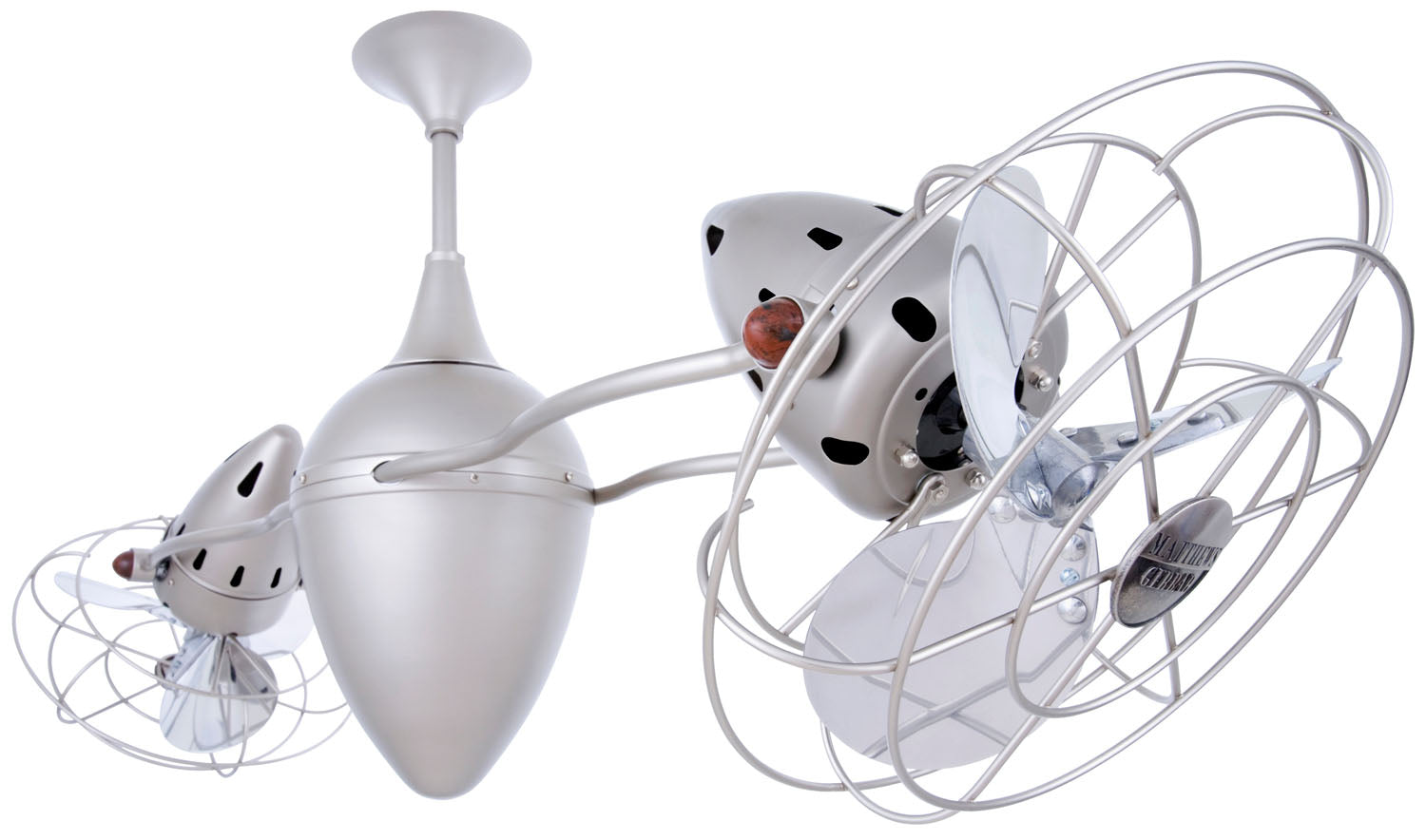 Matthews Fan AR-BN-MTL Ar Ruthiane 360° dual headed rotational ceiling fan in brushed nickel finish with metal blades.