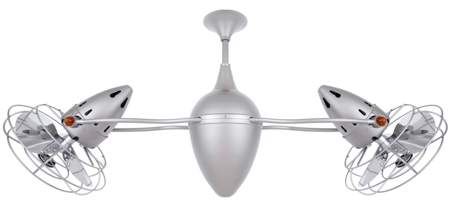 Matthews Fan AR-BN-MTL-DAMP Ar Ruthiane 360° dual headed rotational ceiling fan in brushed nickel finish with metal blades for damp location.