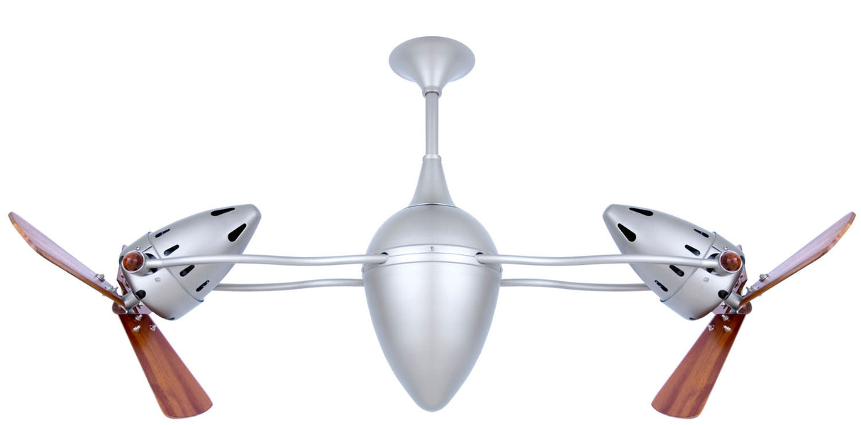 Matthews Fan AR-BN-WD-DAMP Ar Ruthiane 360° dual headed rotational ceiling fan in brushed nickel finish with solid sustainable mahogany wood blades for damp location.
