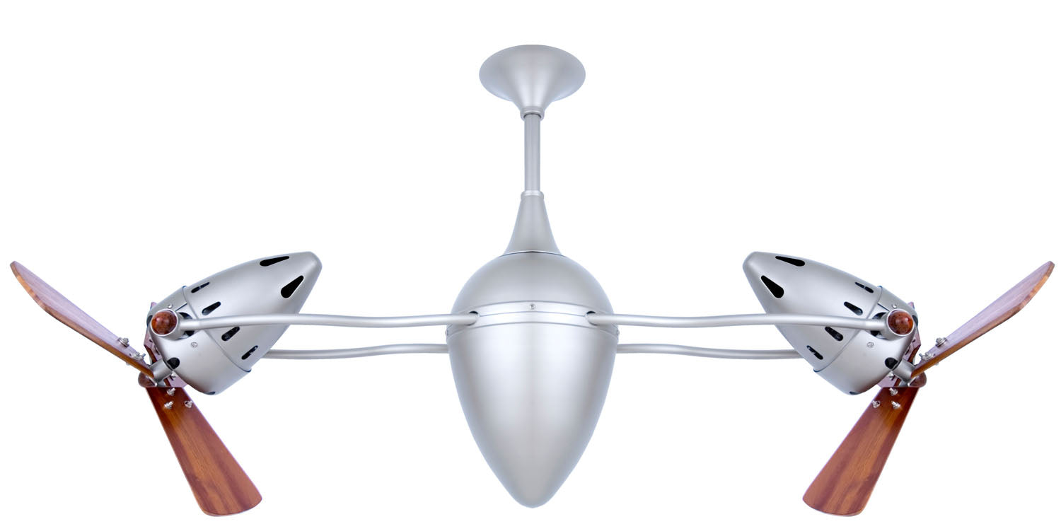 Matthews Fan AR-BN-WD-DAMP Ar Ruthiane 360° dual headed rotational ceiling fan in brushed nickel finish with solid sustainable mahogany wood blades for damp location.