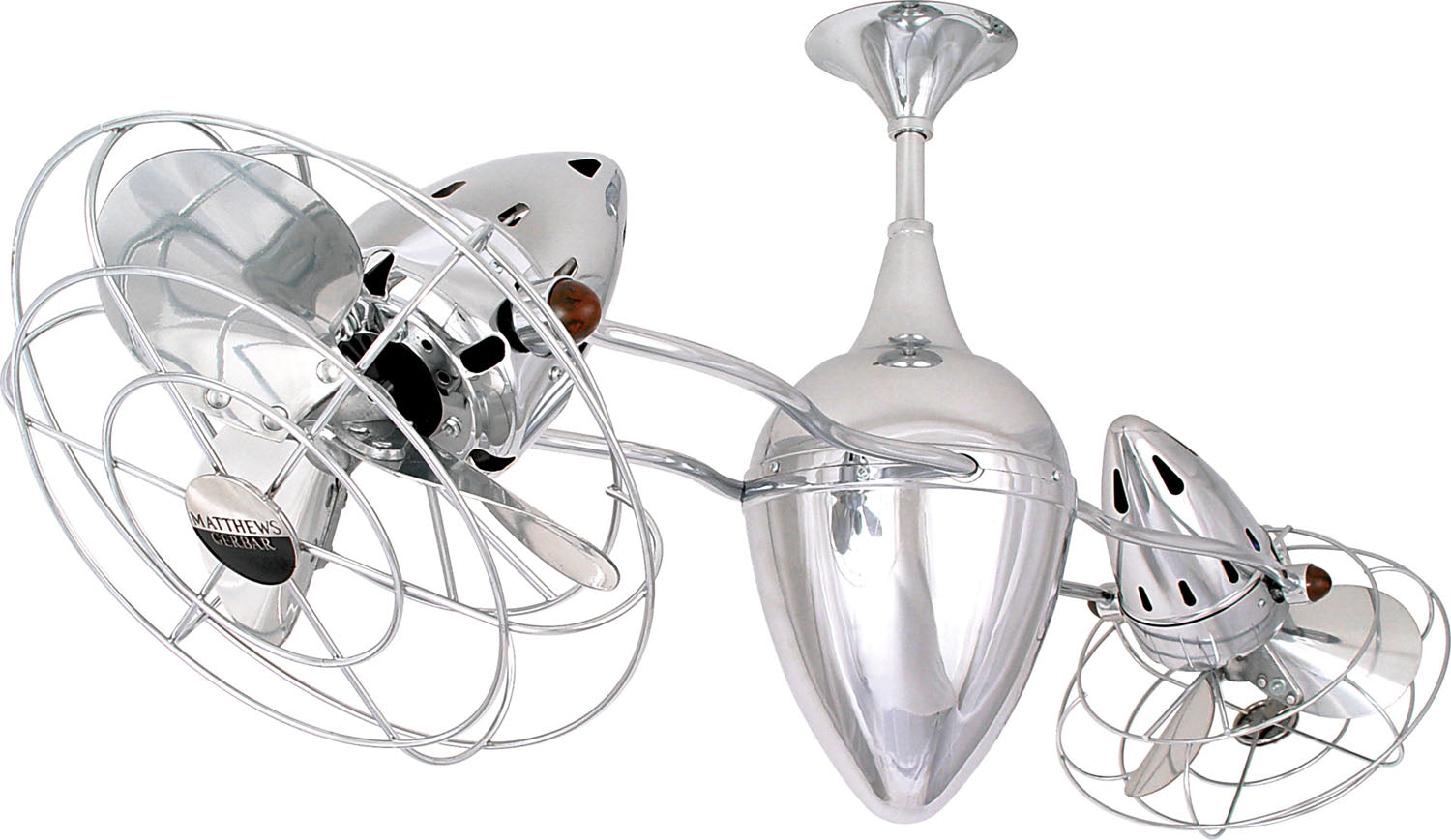 Matthews Fan AR-CR-MTL Ar Ruthiane 360° dual headed rotational ceiling fan in polished chrome finish with metal blades.