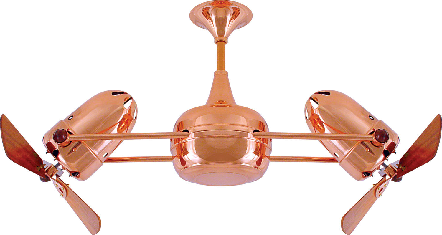 Matthews Fan DD-CP-WD Duplo Dinamico 360” rotational dual head ceiling fan in Polished Copper finish with solid sustainable mahogany wood blades.