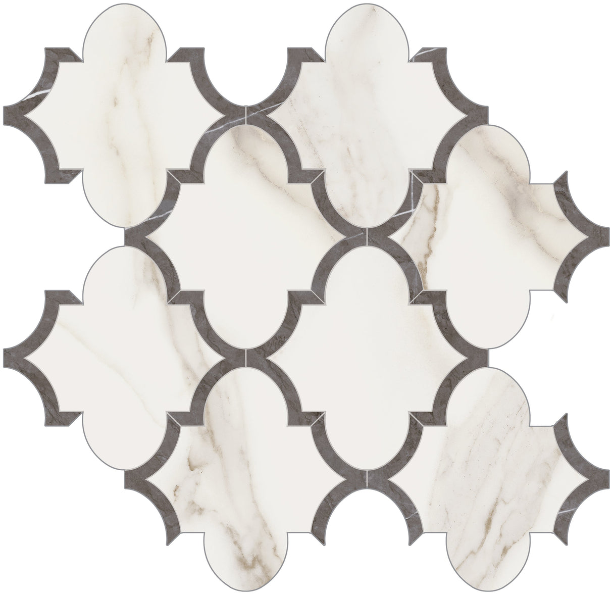 Anatolia Tile Mayfair Calacatta Oro Arabesque Polished Porcelain Mosaics. 1 Sheet = .97 Sq. Ft. 4501-0127-1 Calacatta Oro Arabesque - premium natural stone mosaic tile from Anatolia Tile, available at PoshHaus showroom in Keene, NH