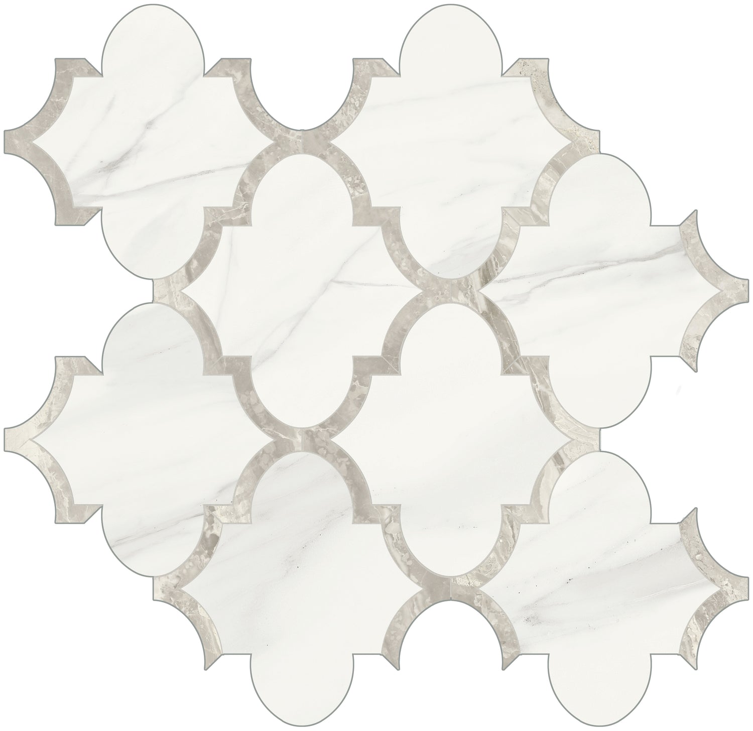 Anatolia Tile Mayfair Volakas Grigio Arabesque Polished Porcelain Mosaics. 1 Sheet = .97 Sq. Ft. 4501-0134-1 Volakas Grigio Arabesque - premium natural stone mosaic tile from Anatolia Tile, available at PoshHaus showroom in Keene, NH