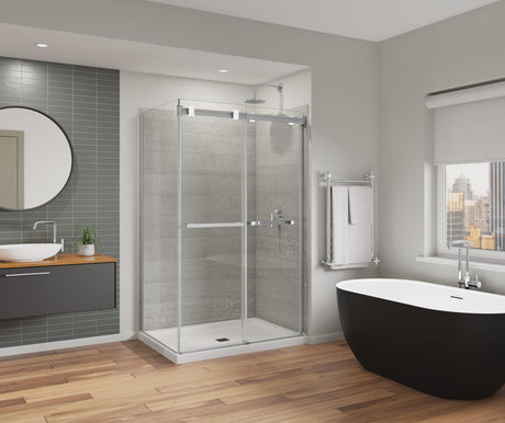 MAAX 136956-810-280-000 Duel Alto 44-47 X 78 in. 8mm Bypass Shower Door for Alcove Installation with GlassShield® glass in Chrome & Matte White