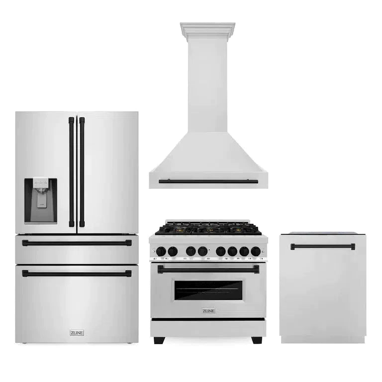 ZLINE Autograph Edition 36 in. Kitchen Package with Stainless Steel Dual Fuel Range, Range Hood, Dishwasher and Refrigerator Including External Water Dispenser with Matte Black Accents (4AKPR-RARHDWM36-MB)