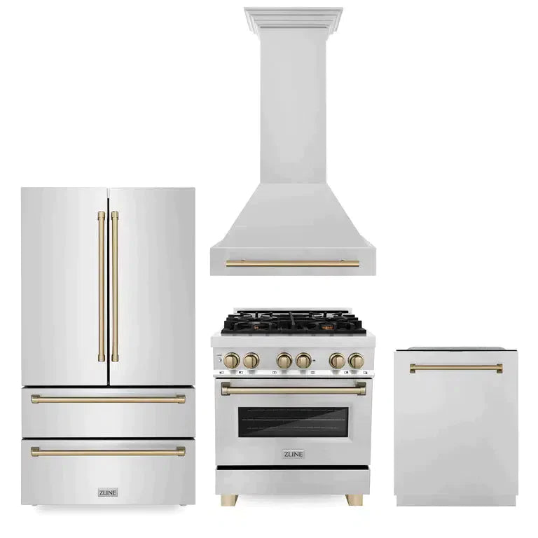ZLINE Autograph Edition 30 in. Kitchen Package with Stainless Steel Dual Fuel Range, Range Hood, Dishwasher and Refrigeration with Champagne Bronze Accents (4KAPR-RARHDWM30-CB)