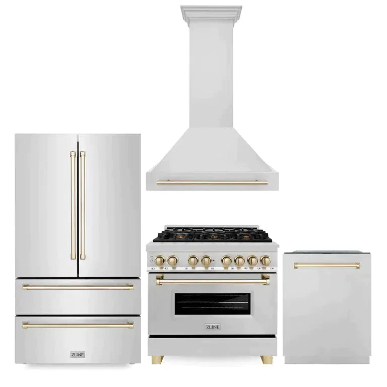 ZLINE Autograph Edition 36 in. Kitchen Package with Stainless Steel Dual Fuel Range, Range Hood, Dishwasher and Refrigerator with Polished Gold Accents (4KAPR-RARHDWM36-G)