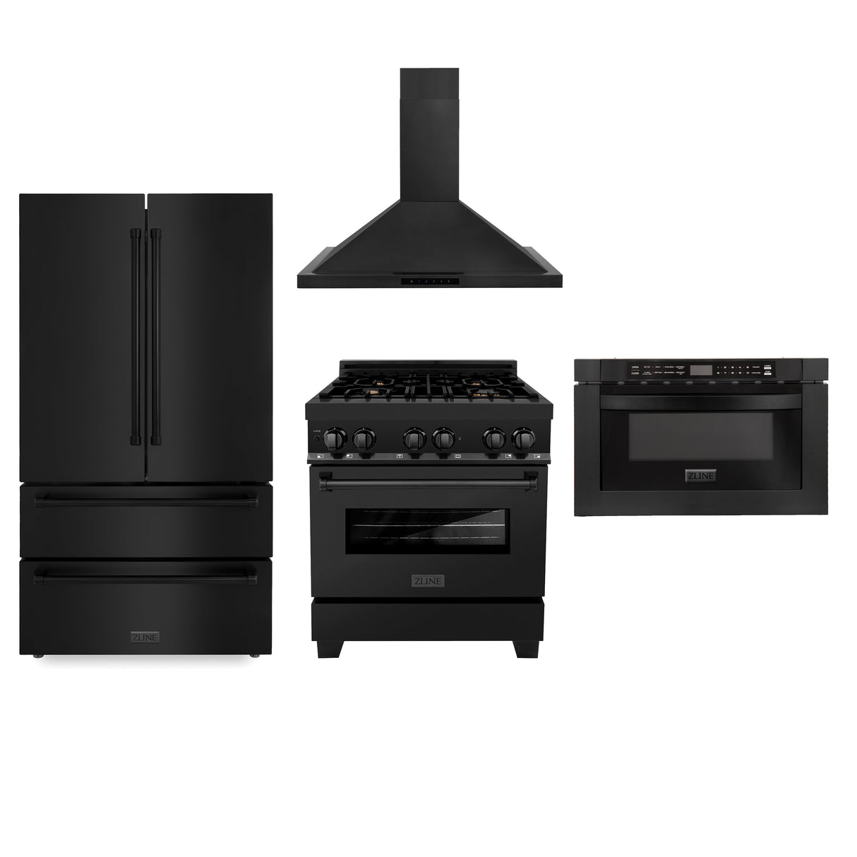 ZLINE Kitchen Package with Black Stainless Steel Refrigeration, 30 in. Dual Fuel Range, 30 in. Range Hood and Microwave Drawer (4KPR-RABRH30-MW)