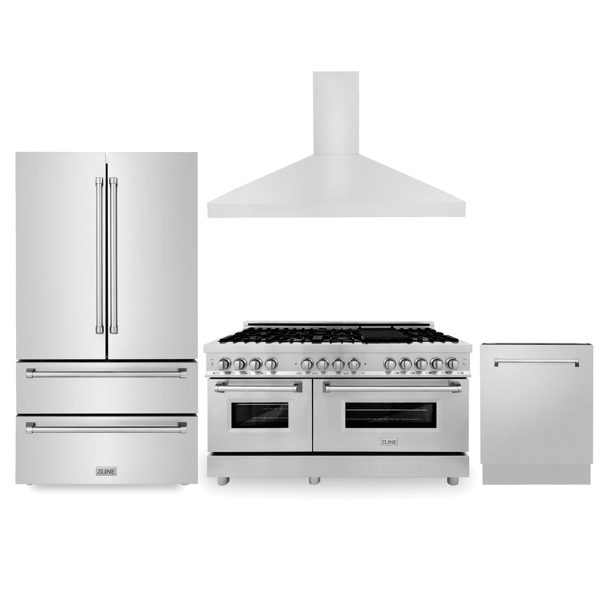 ZLINE Kitchen Package with Refrigerator, 60 in. Stainless Steel Dual Fuel Range, 60 in. Convertible Vent Range Hood and 24 in. Tall Tub Dishwasher (4KPR-RARH60-DWV)