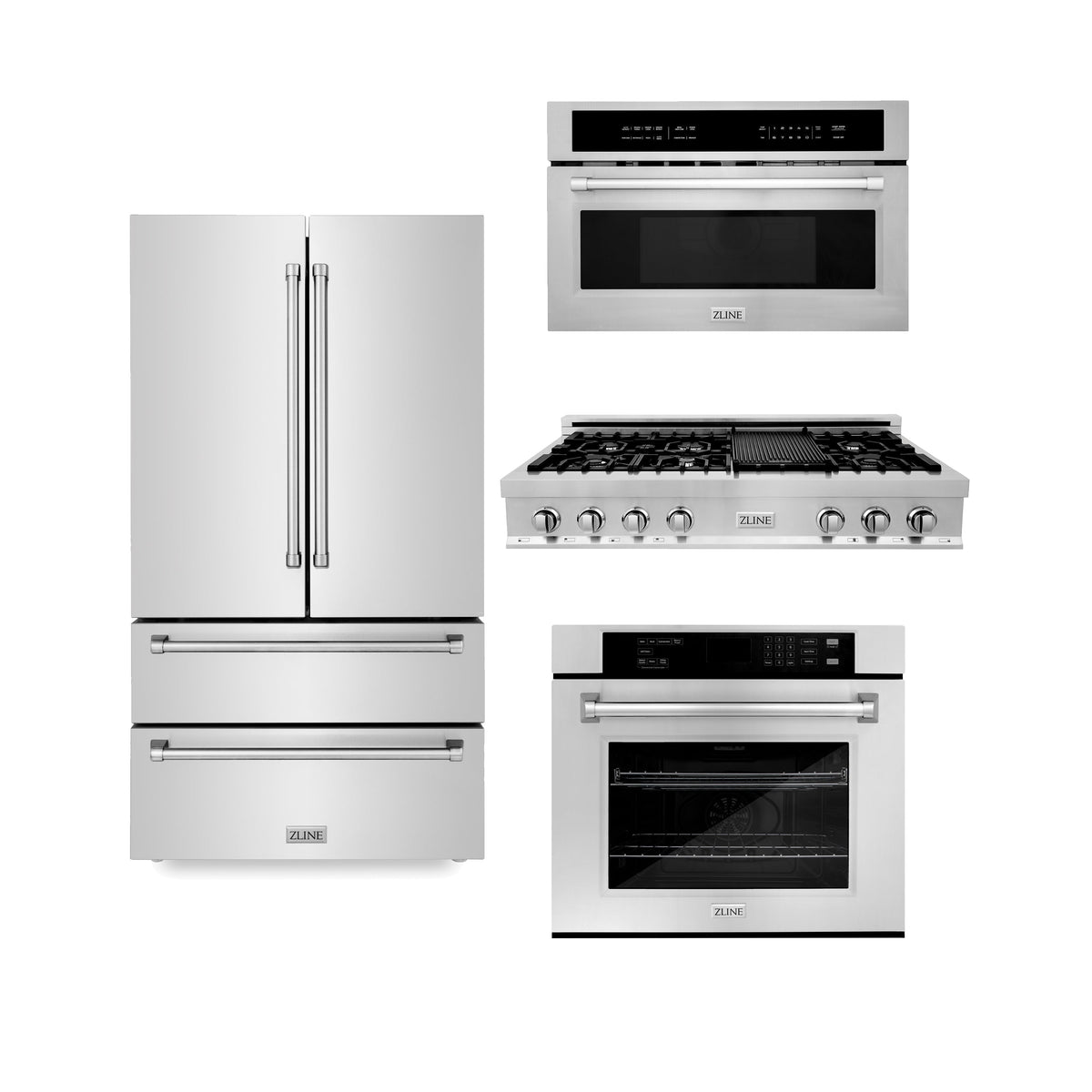 ZLINE Kitchen Package with Refrigerator, 48 in. Stainless Steel Rangetop, 30 in. Single Wall Oven, 30 in. Microwave Oven (4KPR-RT48-MWAWS)