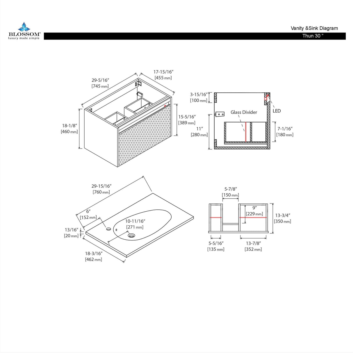 Blossom Thun 30″ Vanity with Droplet-Shaped Basin - LED Illuminated & 3D Diamond Pattern Design