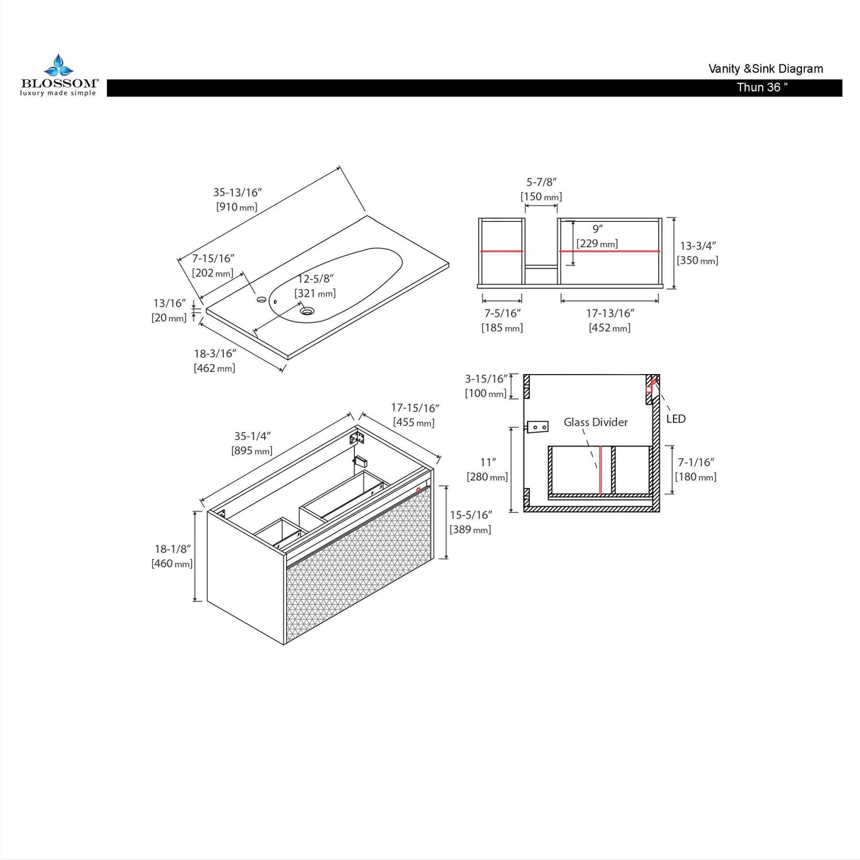 Blossom Thun 36″ Vanity with Droplet-Shaped Basin - LED Illuminated & 3D Diamond Pattern Design