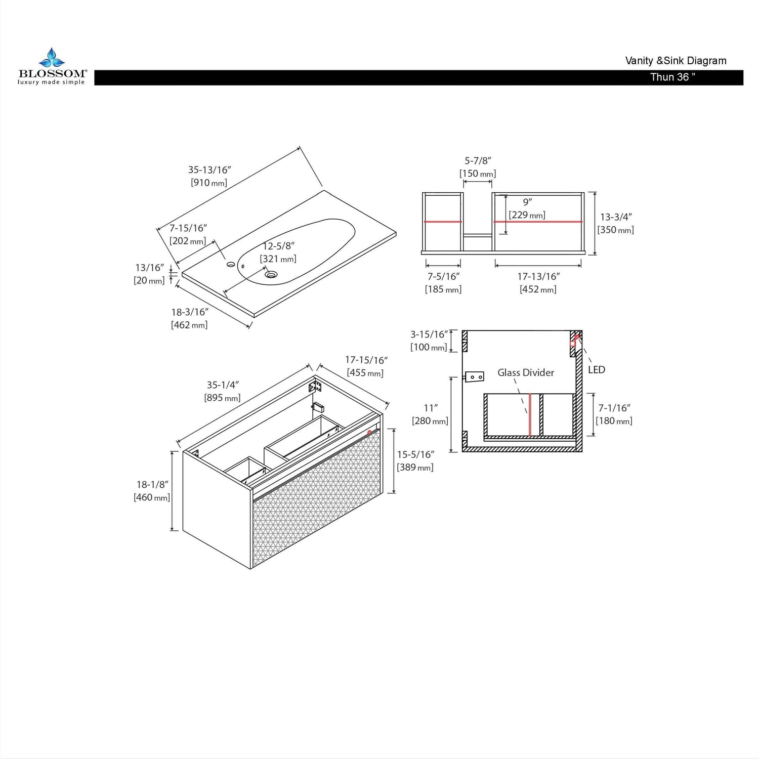 Blossom Thun 36″ Vanity with Droplet-Shaped Basin - LED Illuminated & 3D Diamond Pattern Design