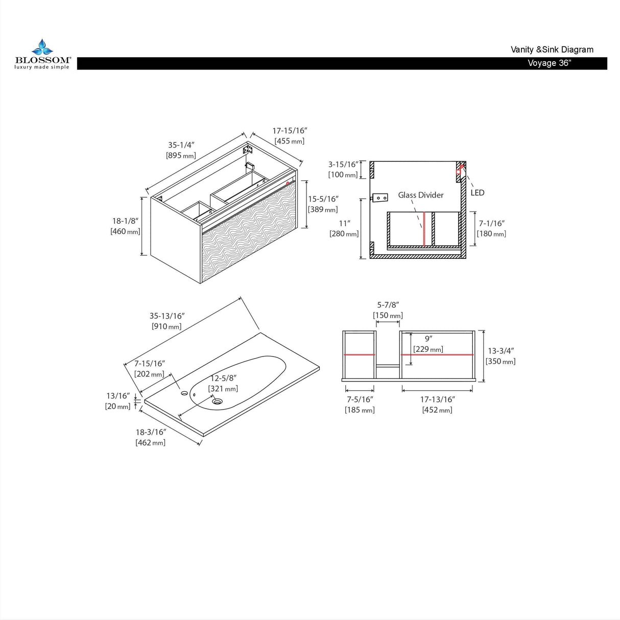 Blossom Voyage 36″ Vanity with Droplet-Shaped Basin - LED Illuminated & Wave-Shaped Front Design