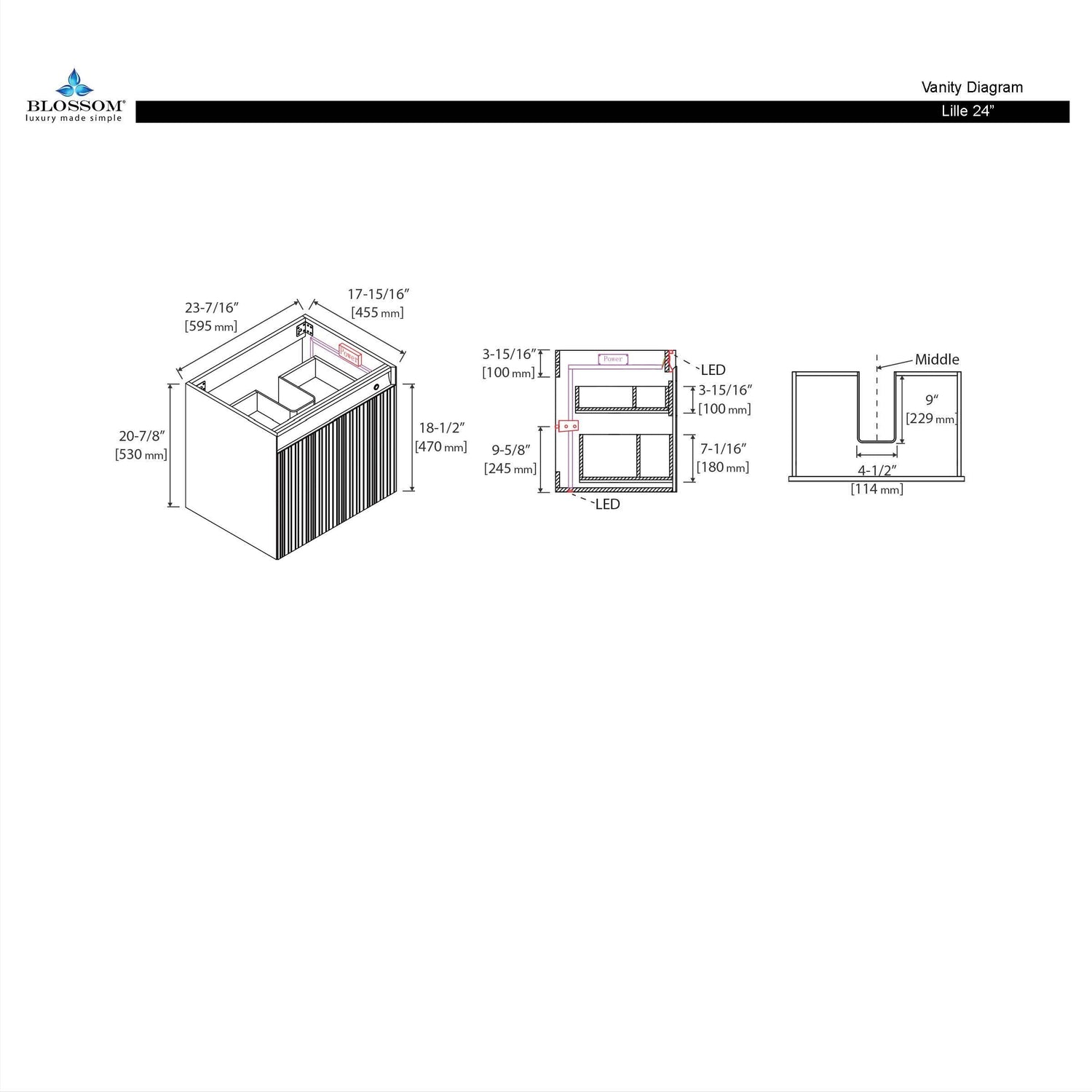 Blossom Lille 24" Brown Walnut Vanity with LED Lights & Soft-Close Drawers