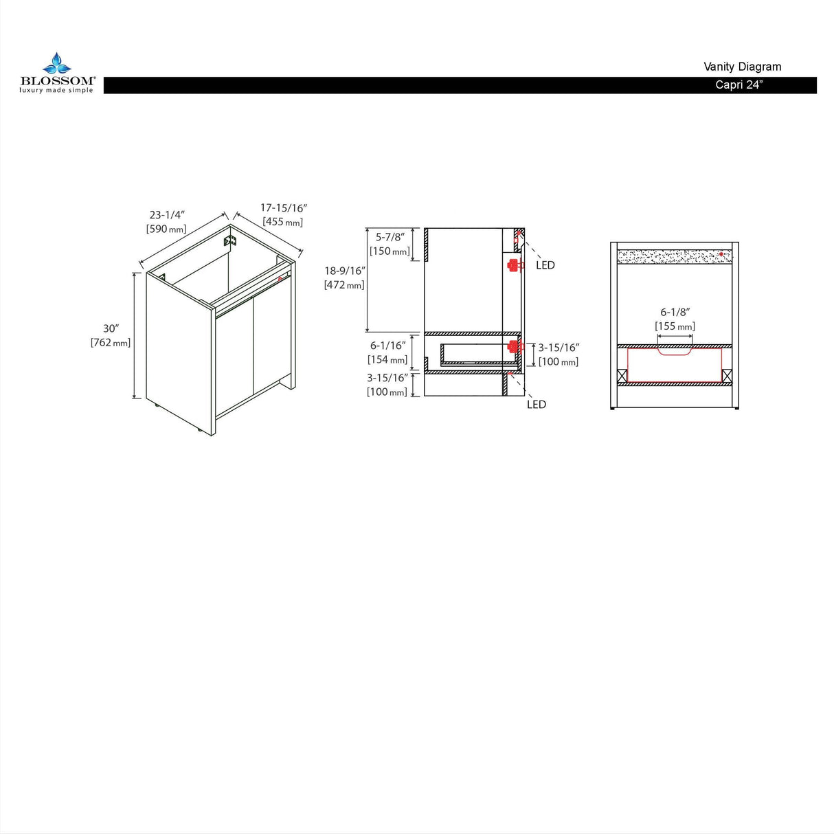 Blossom Capri 24″ Vanity with Dual LED Illumination - Glossy White & Classic Oak