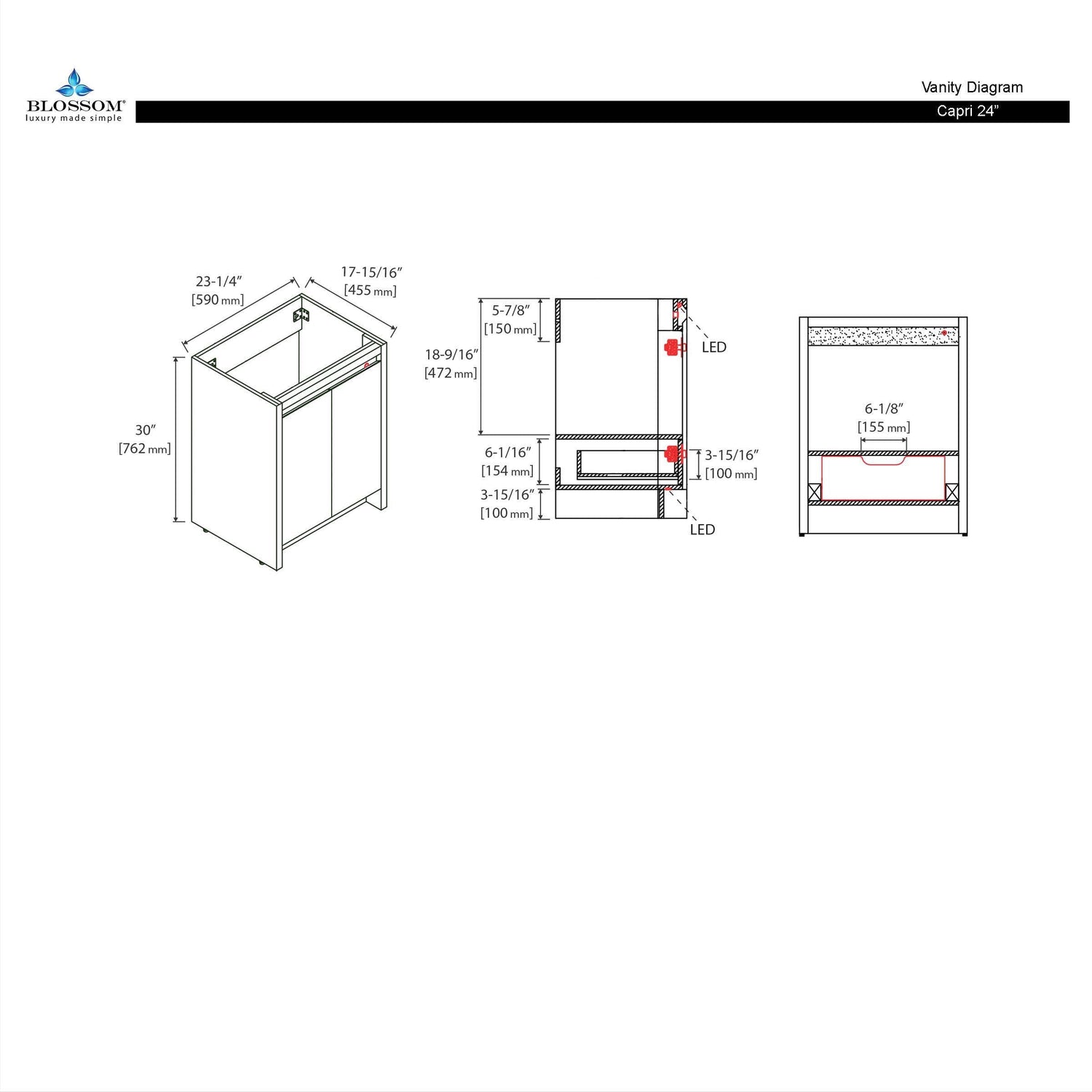 Blossom Capri 24″ Vanity with Dual LED Illumination - Glossy White & Classic Oak
