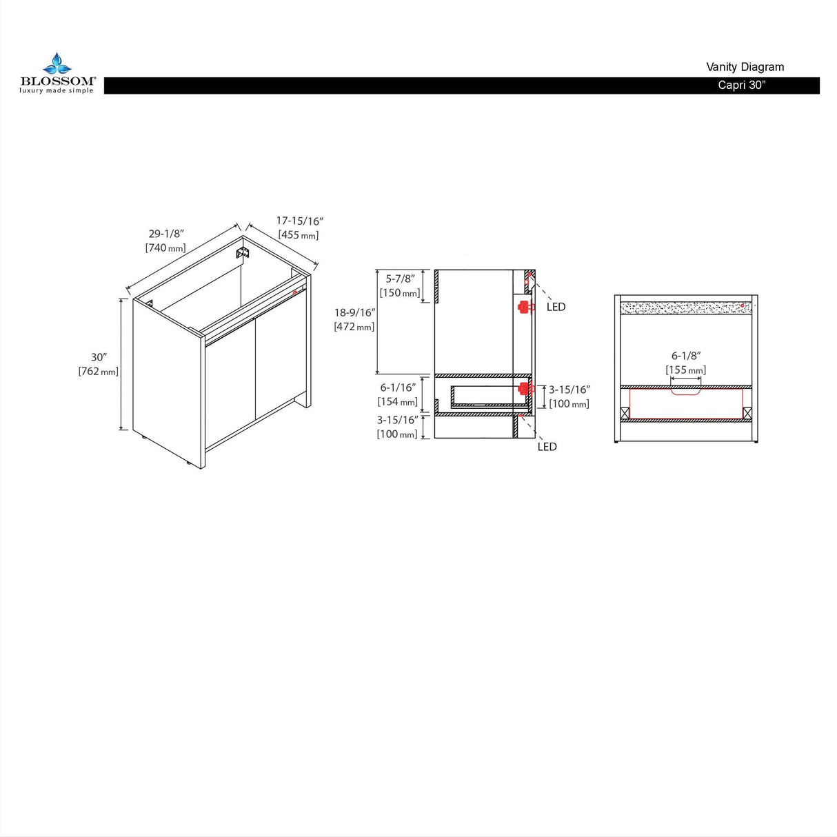 Blossom Capri 30″ Vanity with Dual LED Illumination - Glossy White & Classic Oak