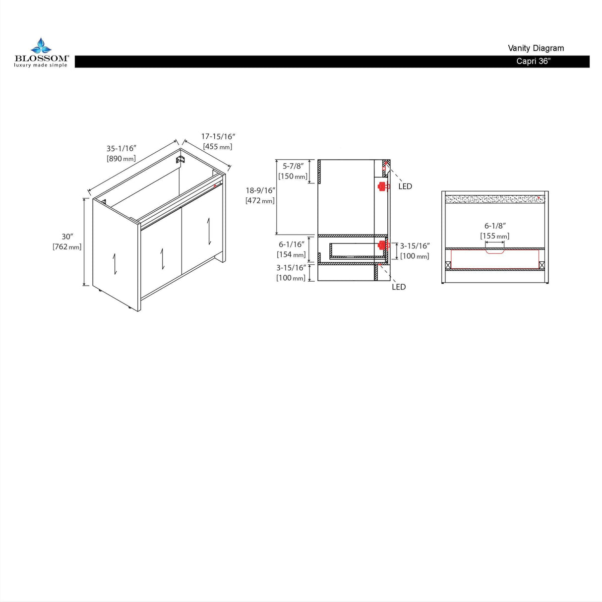 Blossom Capri 36″ Vanity with Dual LED Illumination - Glossy White & Classic Oak