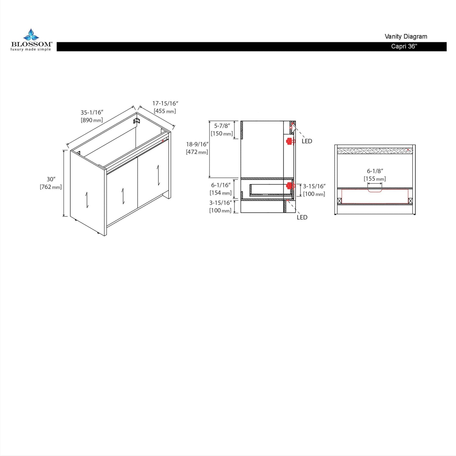 Blossom Capri 36″ Vanity with Dual LED Illumination - Glossy White & Classic Oak