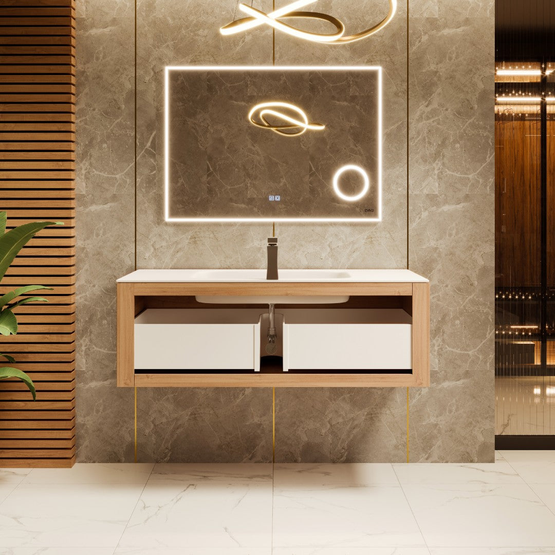 Leah 39 in. Medium Oak Wall Mount Single Sink Bath Vanity with Solid Surface Top and Integrated Sink