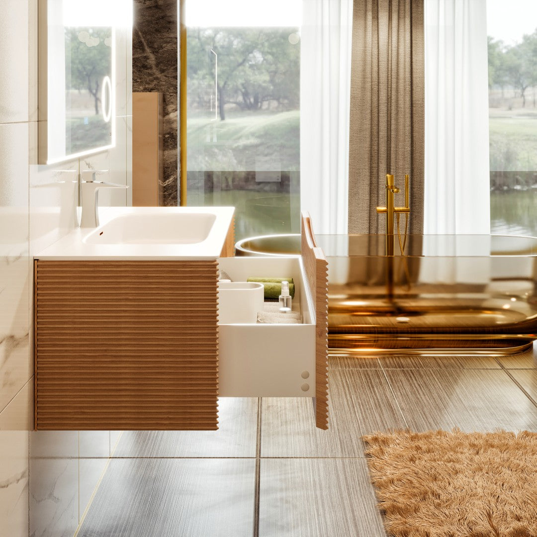 Leah 32 in. Medium Oak Wall Mount Single Sink Bath Vanity with Solid Surface Top and Integrated Sink