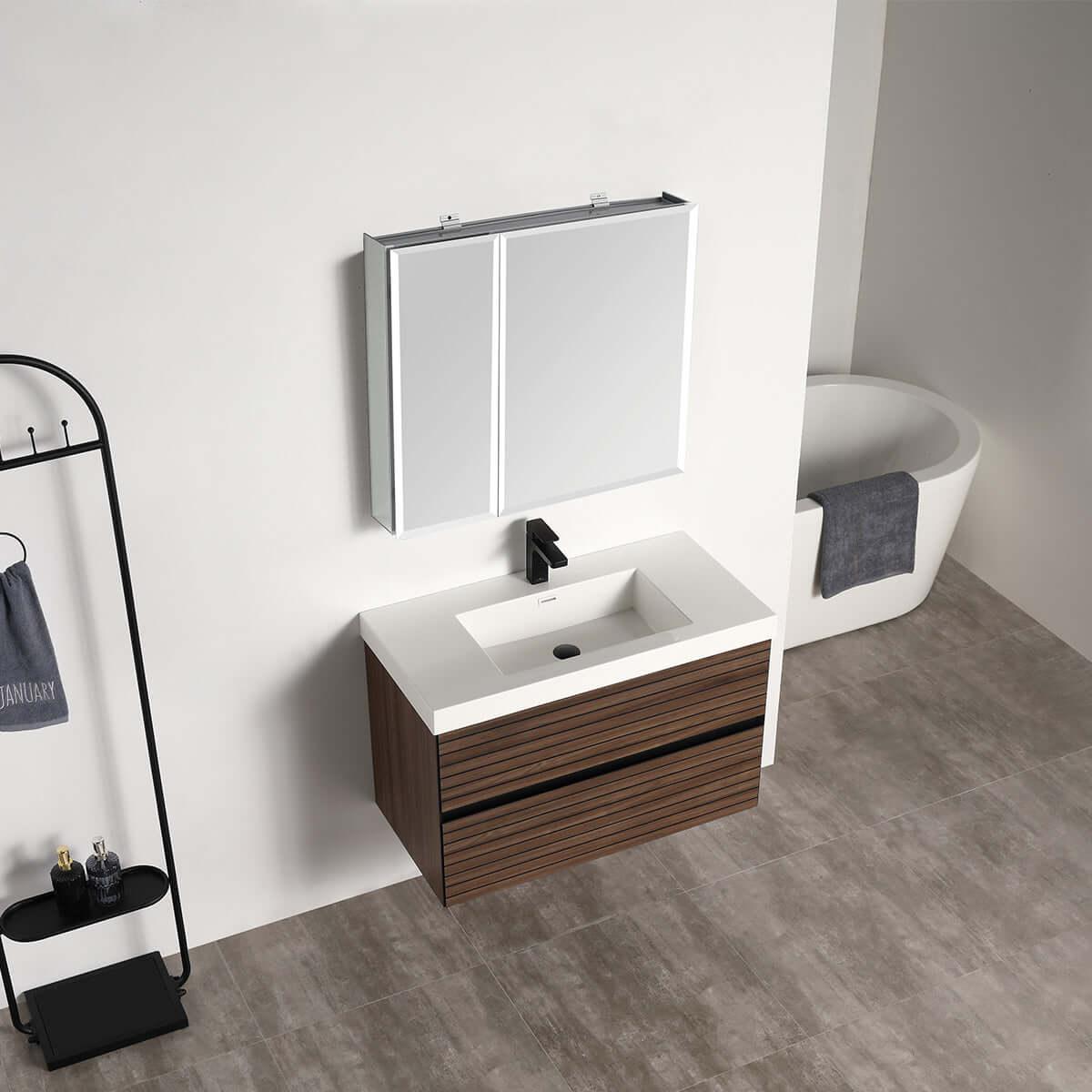 Blossom Annecy 36″ Wall-Hung Vanity - Modern Minimalist Design with Soft-Closing Drawers in Dark Walnut and Maple