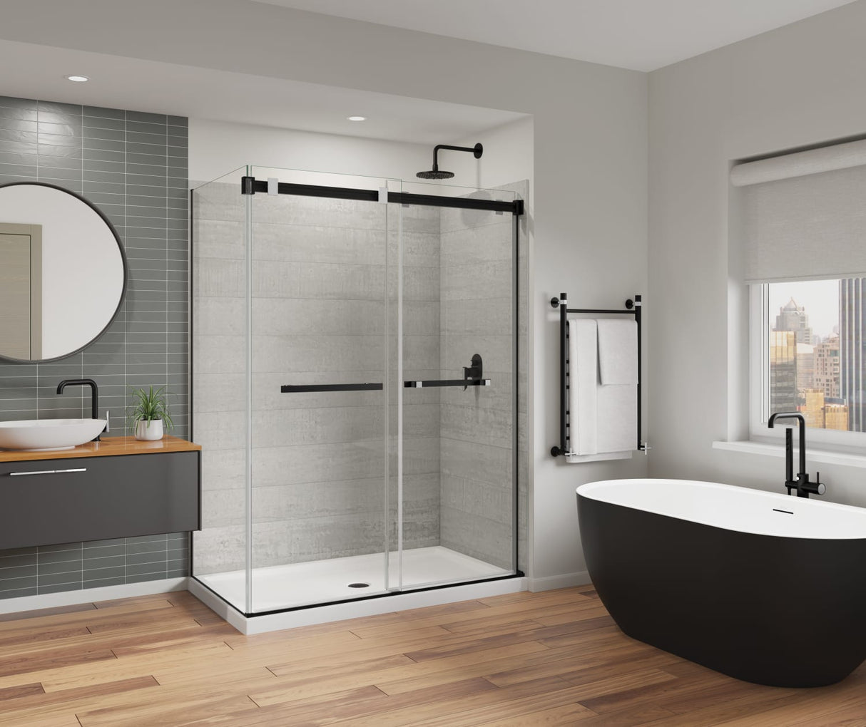 MAAX 136955-810-360-000 Duel Alto 56-59 X 78 in. 8mm Bypass Shower Door for Alcove Installation with GlassShield® glass in Matte Black & Chrome