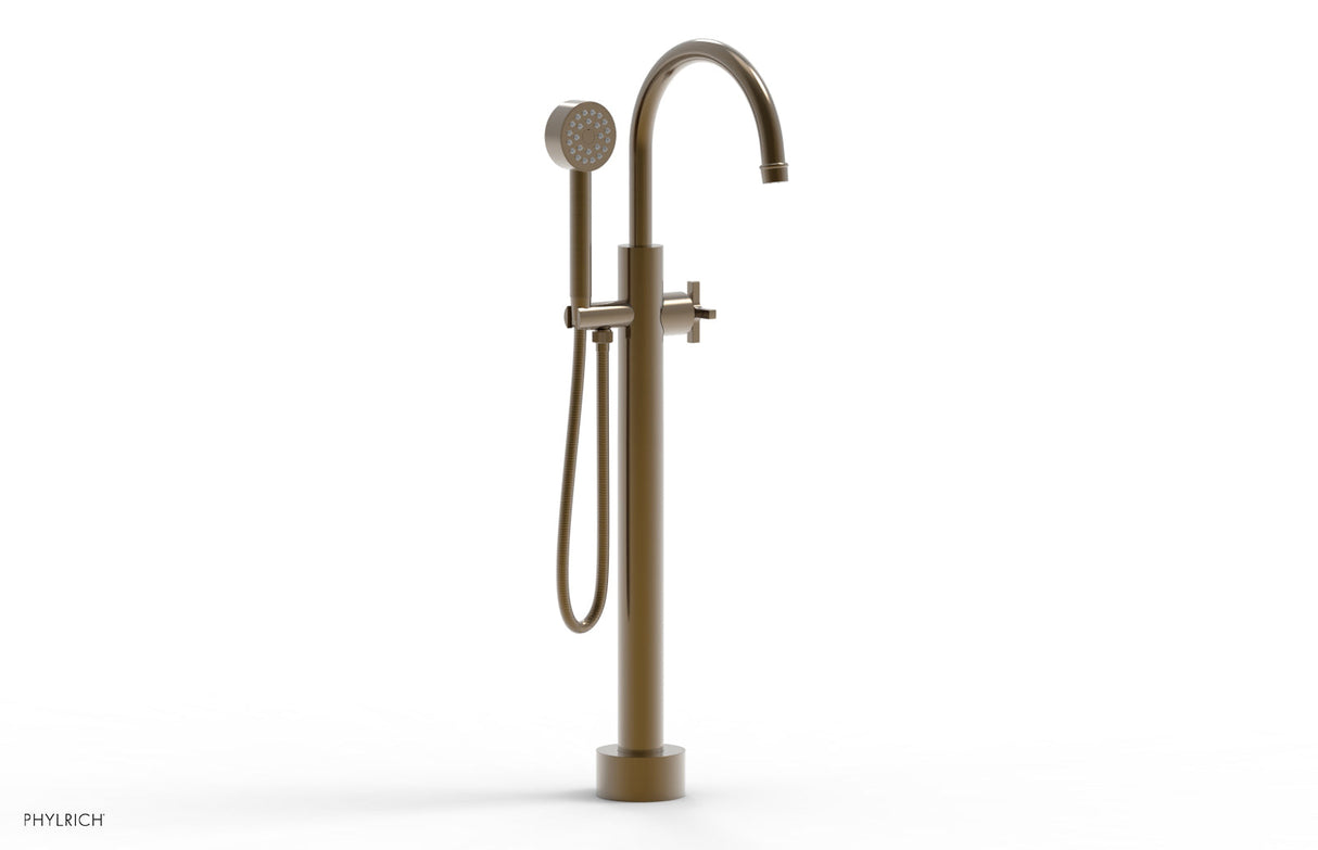 Phylrich 501-46-03-047 HEX MODERN Low Floor Mount Tub Filler - Cross Handle with Hand Shower  501-46-03 - Antique Brass