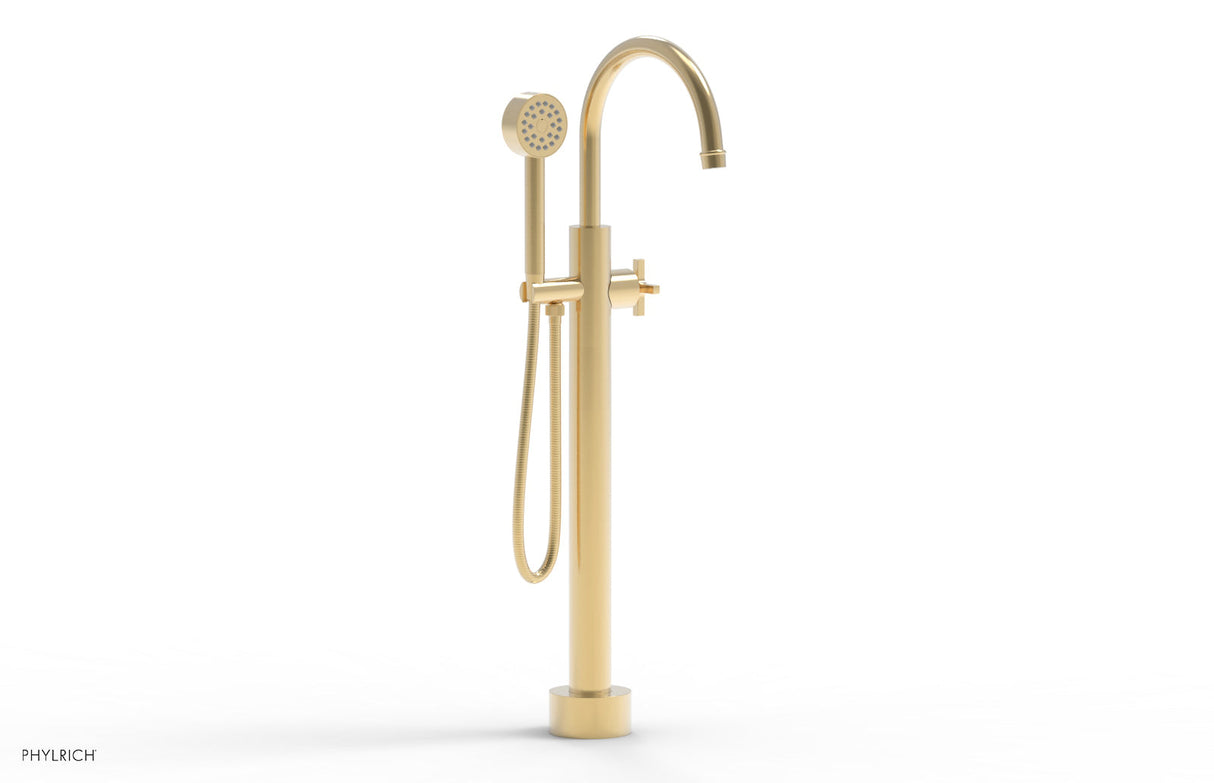 Phylrich 501-46-03-004 HEX MODERN Low Floor Mount Tub Filler - Cross Handle with Hand Shower  501-46-03 - Satin Brass