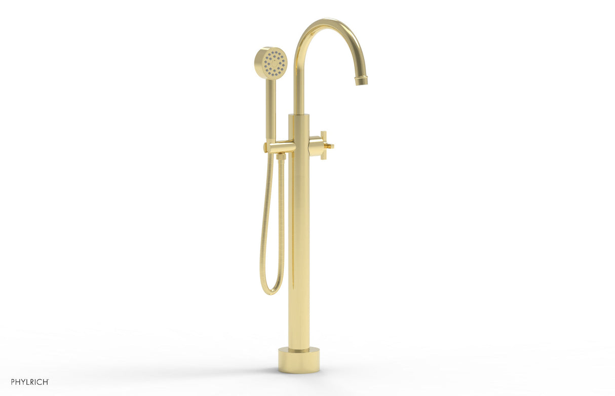 Phylrich 501-46-03-003 HEX MODERN Low Floor Mount Tub Filler - Cross Handle with Hand Shower  501-46-03 - Polished Brass