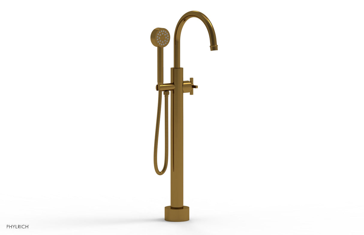 Phylrich 501-46-03-002 HEX MODERN Low Floor Mount Tub Filler - Cross Handle with Hand Shower  501-46-03 - French Brass