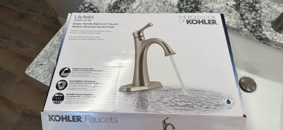 49" Cab-Tec Caramel Shaker Bathroom Vanity w/ Seagrove Quartz Cambria Top and Kohler Faucet