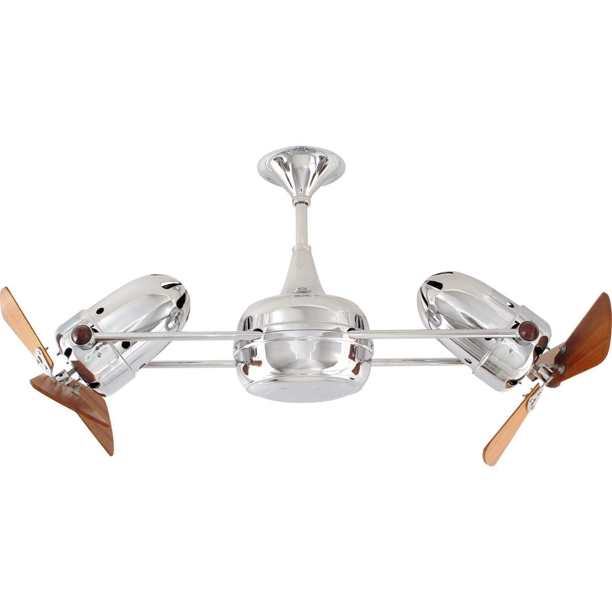 Matthews Fan DD-CR-WD Duplo Dinamico 360” rotational dual head ceiling fan in Polished Chrome finish with solid sustainable mahogany wood blades.