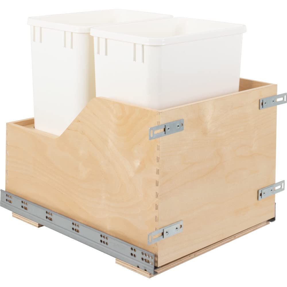 Hardware Resources CDM-WBMD3518WH Double 35 Quart Wood Bottom-Mount Soft-close Trashcan Pullout for Door Mounting, Includes Two White Cans
