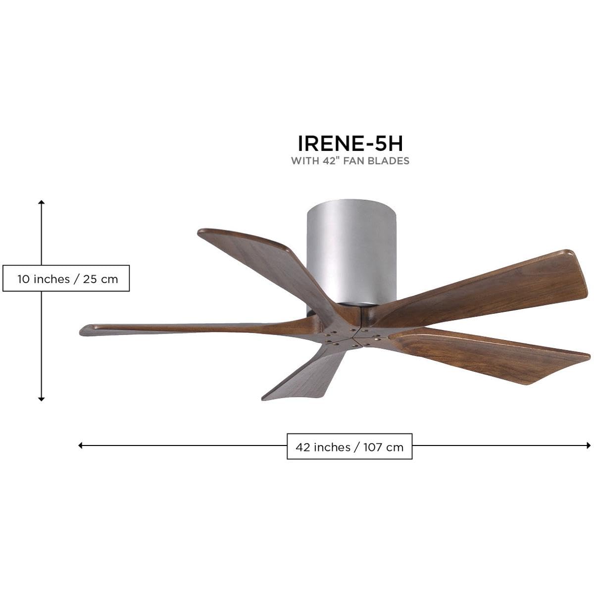 Matthews Fan IR5H-WH-BW-42 Irene-5H five-blade flush mount paddle fan in Gloss White finish with 42” solid barn wood tone blades. 