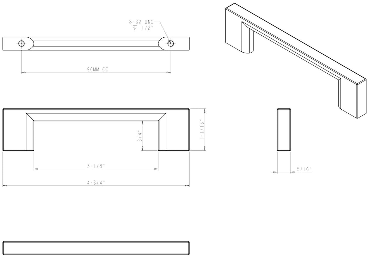 Jeffrey Alexander 635-96MB 96 mm Center-to-Center Matte Black Square Sutton Cabinet Bar Pull