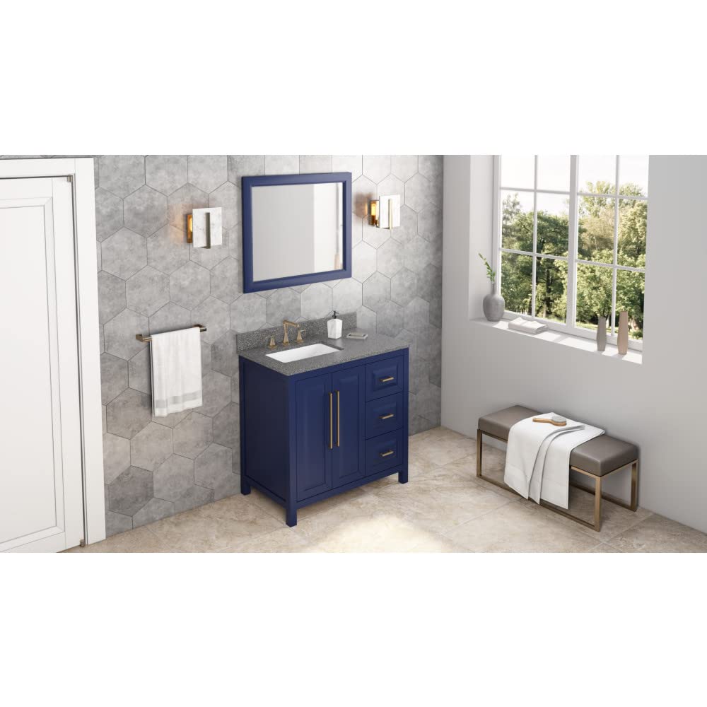 Jeffrey Alexander VKITCAD36BLBOR 36" Hale Blue Cade Vanity, left offset, Boulder Vanity Cultured Marble Vanity Top, undermount rectangle bowl